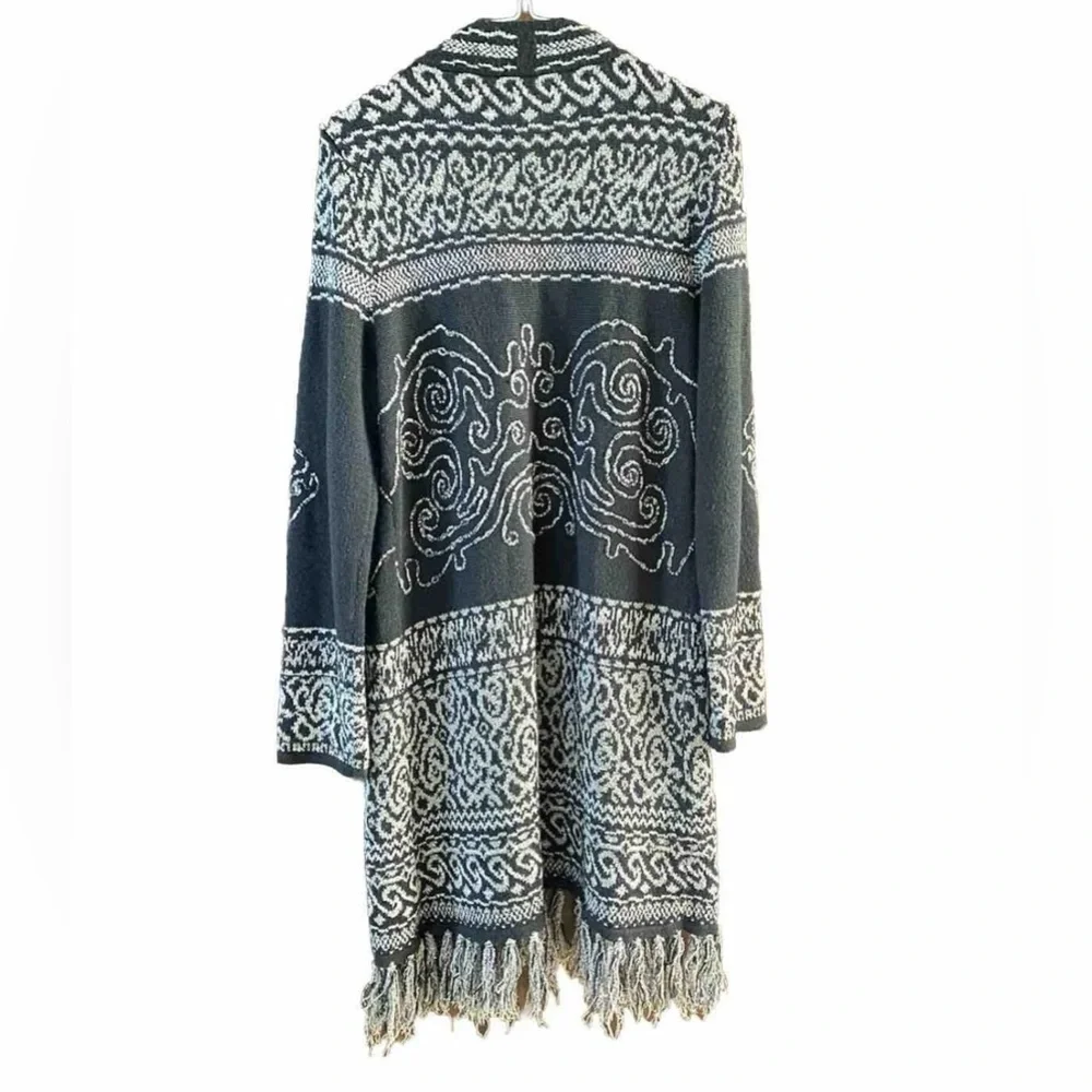 Chico’s Women’s Size 3 (XL) Black Gray Open Front Fringe Cardigan Boho Sweater